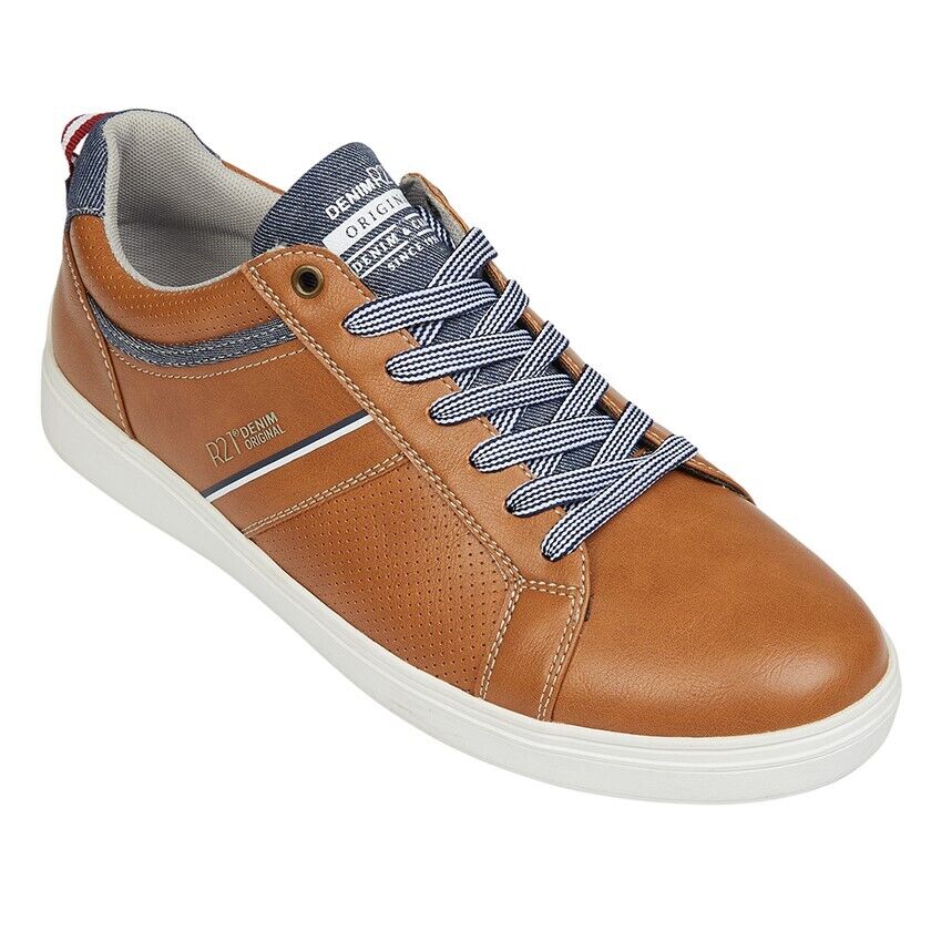 Route 21 M887 Mens Tan/ Denim Trainers 7 Eyelet Lace Up Leisure Sports Sneakers