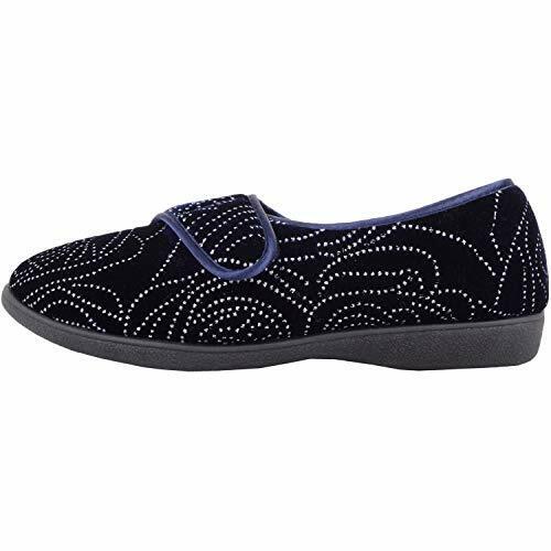 Jo & Joe Gloria Womens Navy Velour Single Touch Fasten Full Slippers With Glittery Swirl Pattern