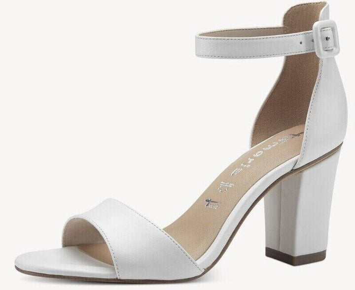 Tamaris 28326 Ladies White Leather Buckle Fasten Ankle Strap Block Heel Sandals