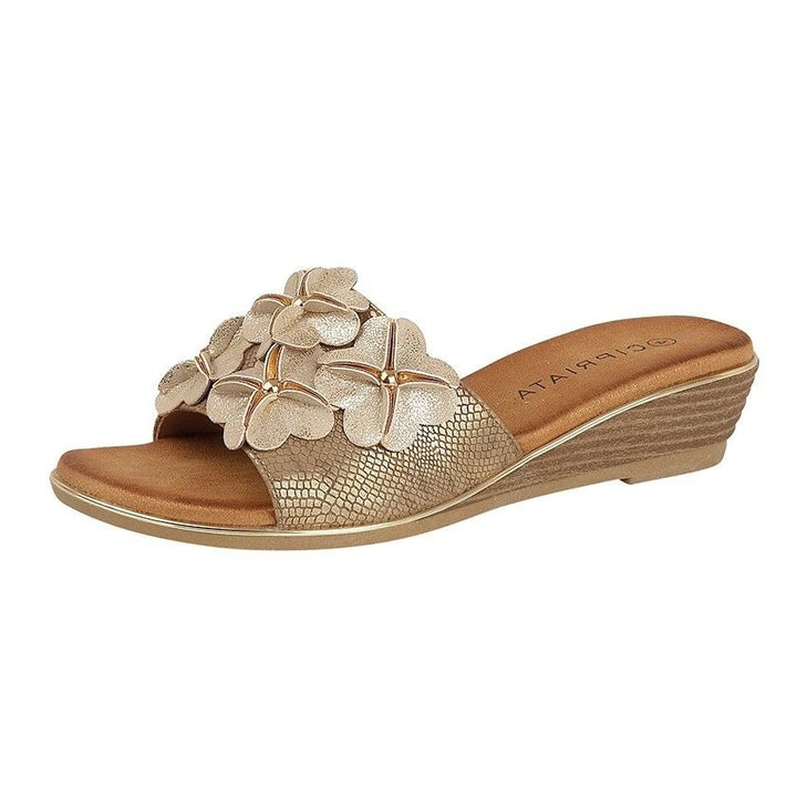 Cipriata L569BG Womens Gold Metallic Floral Embellishment Wedge Mule Sandals