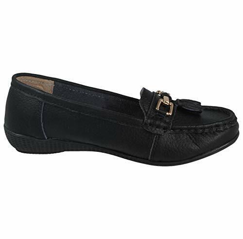 Nautical Womens Leather Moccasin Slip On Loafer Tassel Flat Comfort Shoes Black