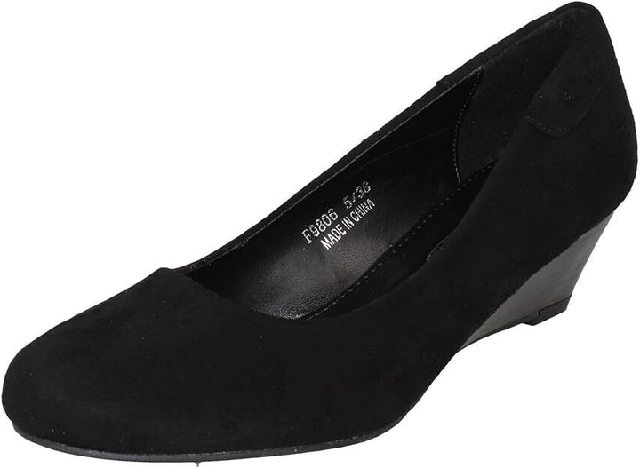 Spot On F9806 Ladies  Black Nubuck Effect  Low Wedge Heel Cushioned Court Shoes