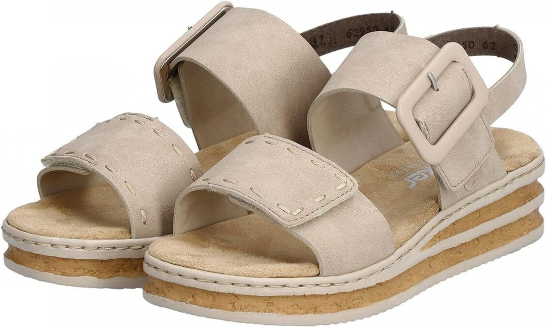 Rieker 62950 Ladies Beige Double Touch Fasten Low Wedge Slingback Sandals