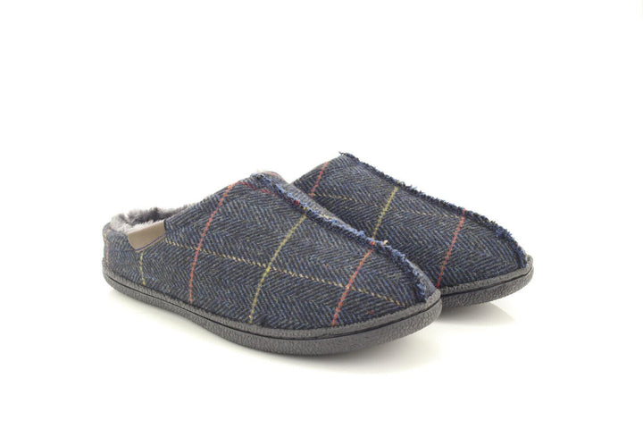 Dr Keller Barney Mens Warm Faux Fur Lined Mule Slippers Cushioned Navy Check