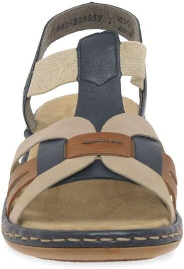 Rieker 65918 Ladies Navy/Tan/Beige Low Wedge Elasticated Slingback Sandals