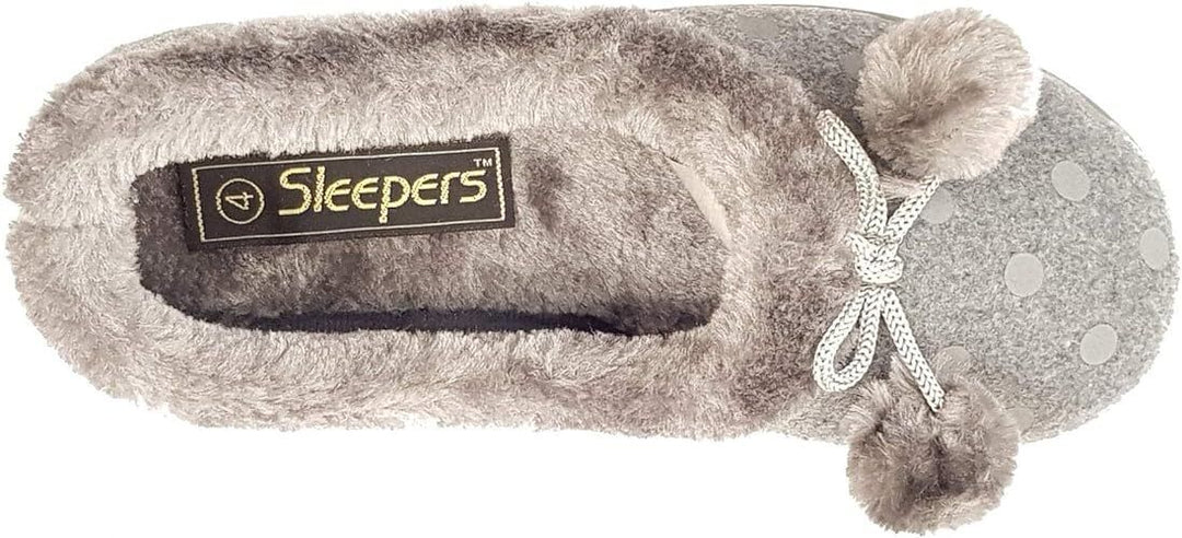 Sleepers Marge Ladies Grey Felt Memory Foam Slip On Polka Dot Pom Pom Slippers