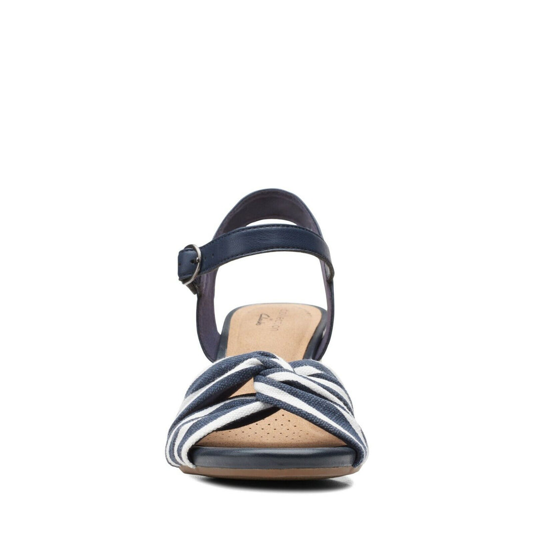 Clarks Margee Beth Womens Navy Blue Leather & Canvas Espadrille High Wedge Sandals