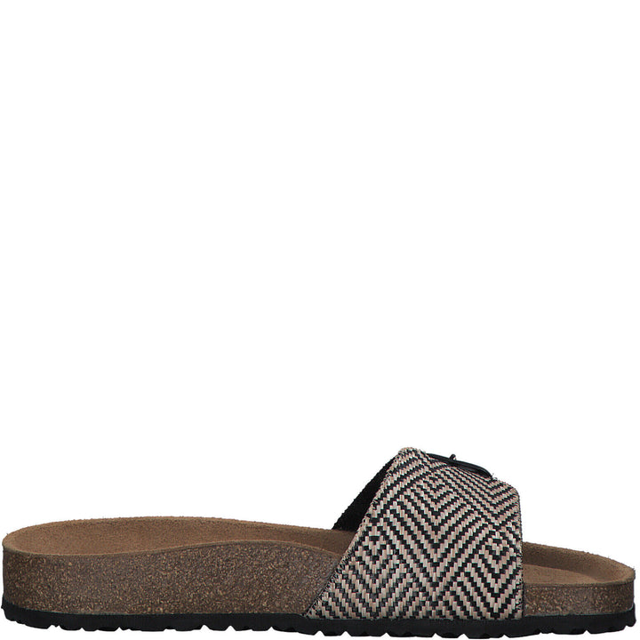 Tamaris 27520 Womens Black/ Beige Aztec Design Slider Mules Buckle Wedge Flip Flop Sandals