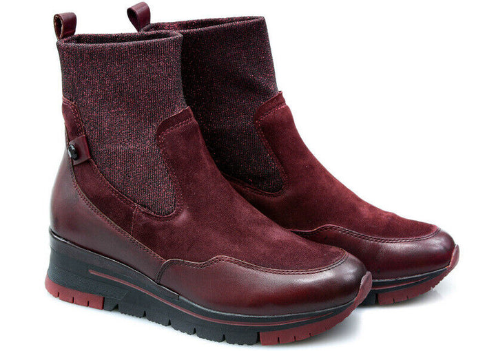 Tamaris 25409 Bordeaux Red Suede Leather Elastic Collar Platform Chelsea Boots