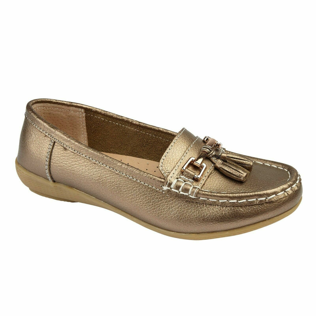 Nautical Womens Leather Slip On Summer Loafers Moccasin Flat Shoes With Tassels Bronze