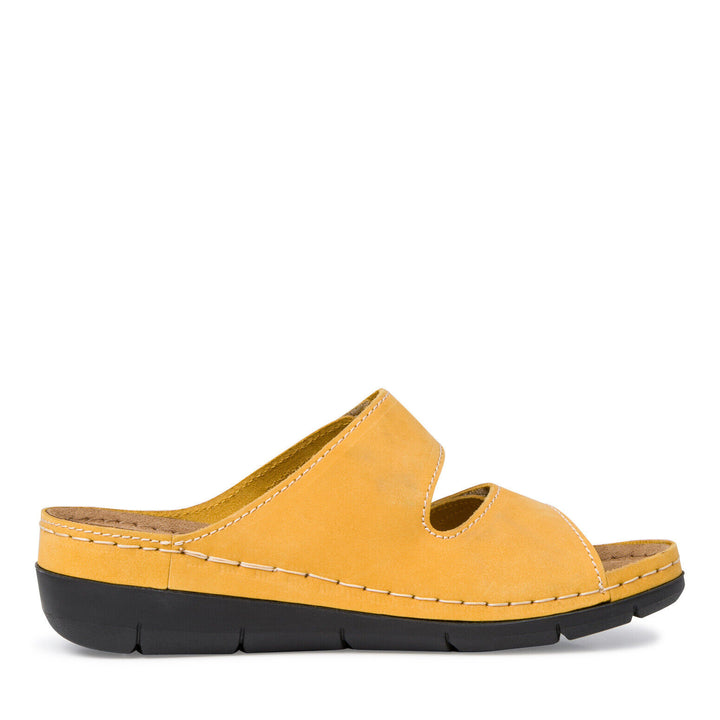 Tamaris 27510 Ladies Yellow Nubuck Leather Double Touch Fasten  Wide Fit Slider Mules Sandal