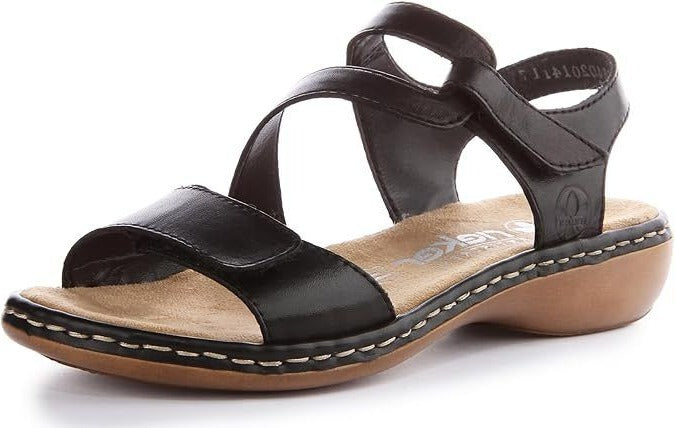 Rieker 659C7 Ladies Black Leather Low Wedge Double Touch Fasten Sandals