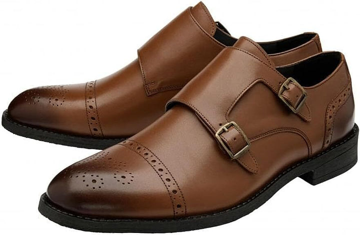 Frank Wright Moulton Mens Tan Leather Double Buckle Strap BroguePattern Monk Shoes