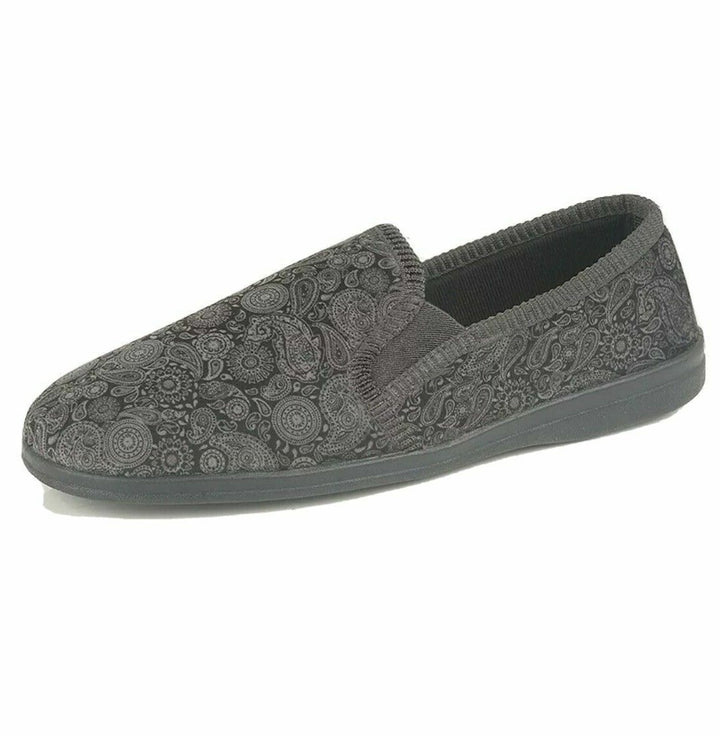 Sleepers Monty Mens Grey/Black Velour Paisley Patterned Comfort Full Slipper With Twin Gusset