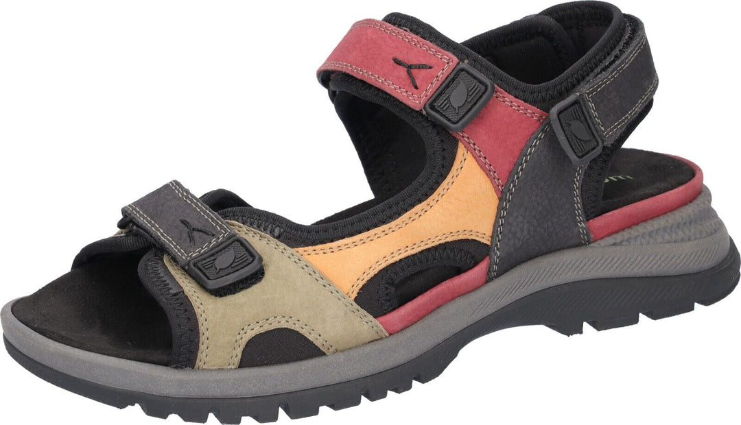 Waldlaufer  H-Sora Ladies WIDE FIT Black /Multi Nubuck Leather Triple Touch Fasten Sport Sandal