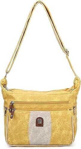 Ladies Yellow/ Beige Denim Effect Shoulder Handbag Adjustable Strap Pockets