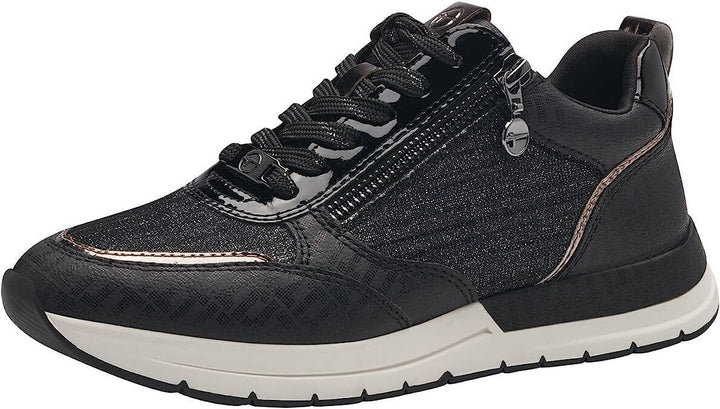 Tamaris 23732 Ladies Black/Pewter Vegan Lace/Zip Fastening Trainers With Removable Insole