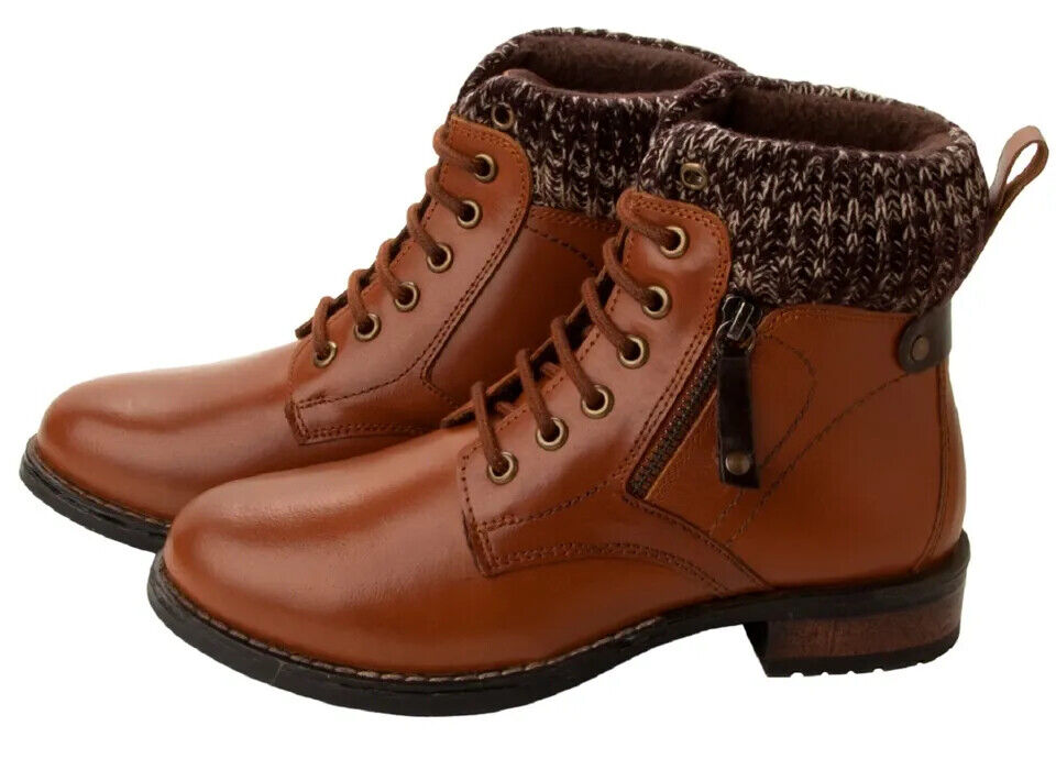 Dr Keller Jeanie Ladies Tan Genuine Leather Fleece Lined Winter Ankle Lace Boots