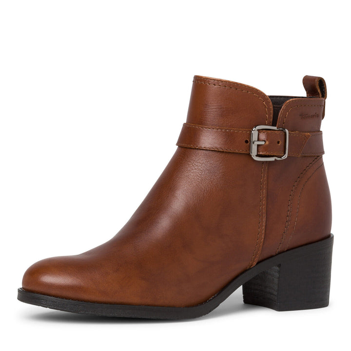 Tamaris 25034 Ladies Cognac Brown Leather Ankle Boots With Block Heel & Inside Zip With Buckle Trim