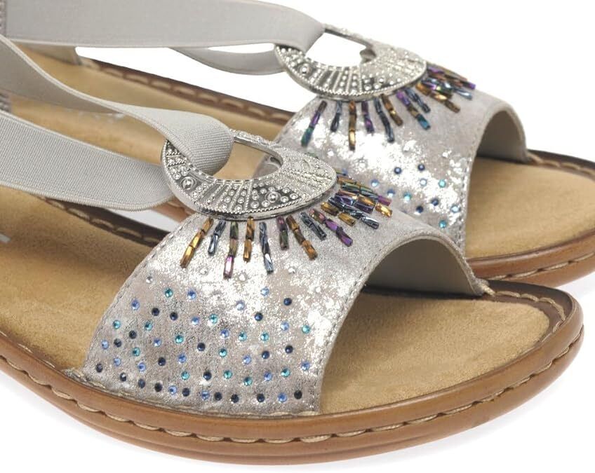 Rieker 60880 Ladies Silver Slip On Slingback Low Wedge Sandals Beads Disc Design