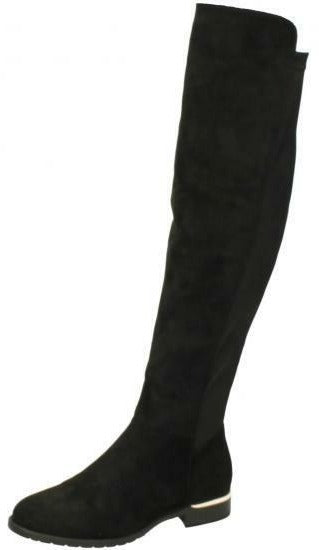 Spot On F4446 Ladies Stretch Microfibre Lycra  Black/Gold Zip Up Over Knee Boot