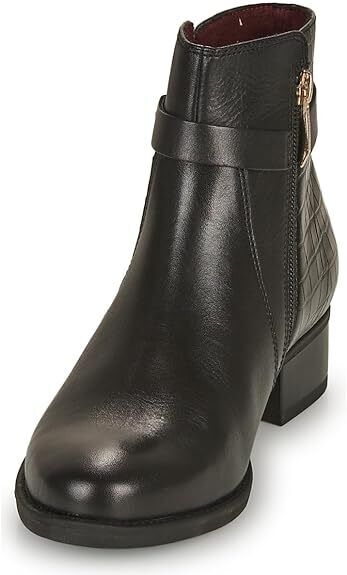 Tamaris 25047 Ladies Black Leather Reptile Print Ankle Zip Up Block Heel Boots