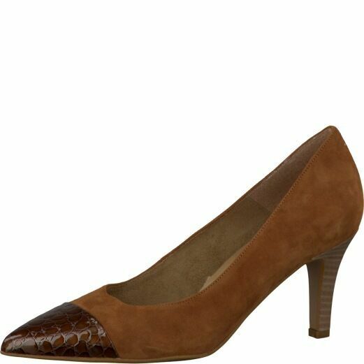 Tamaris 22412 Tan Brown Suede With Patent Croc Pointed Toe High Heel Court Shoes