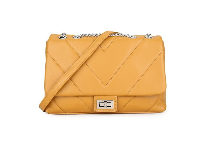 Long & Son Yellow Quilted Flap Over Crossbody Handbag Strap Chain Card Pockets