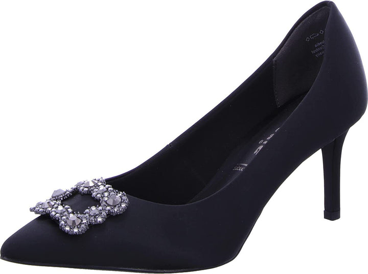 Tamaris 22430 Ladies Black Satin Vegan Stiletto Heel Diamante Jewel Court Shoes