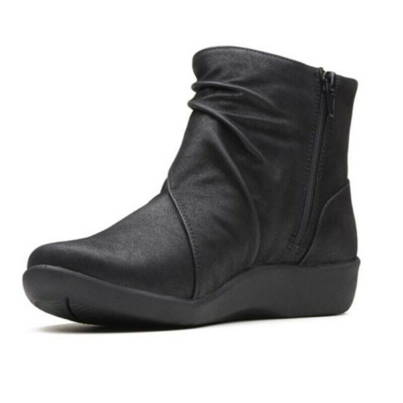 Clarks Cloudsteppers Sillian Tana Black Lightweight Zip Up Ruched Ankle Boots