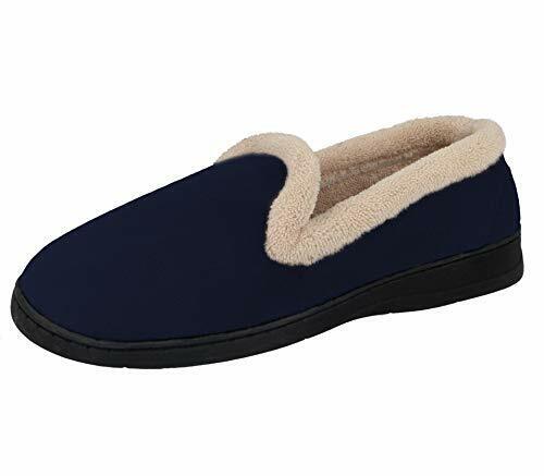 Jo & Joe Cashmere Ladies Light Weight Navy Blue Soft Velour Warm Lined Fleece Trim Hard Sole Slippers