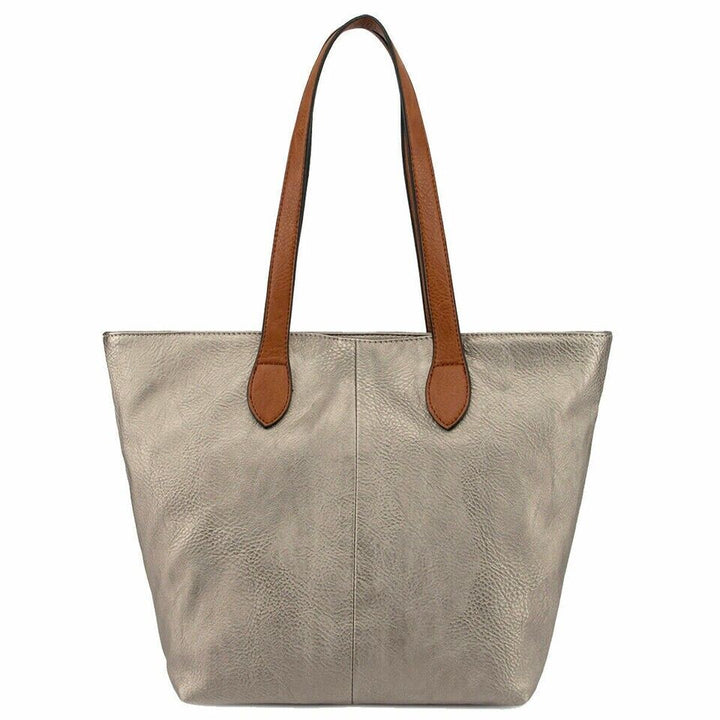 Faux Leather Medium Tote Shoulder/Shopping Bag With Tan Strap And Zip Fastening Pewter