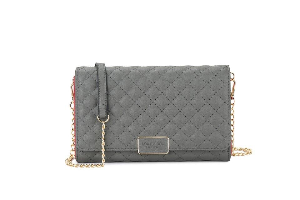 Long & Son Grey Quilted Clutch Crossbody Handbag Strap Chain Card Pockets