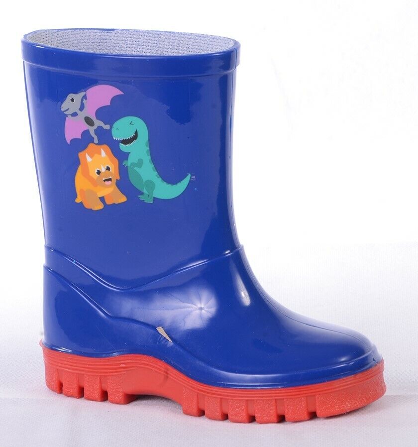 Stormwells Kids Boys Wellies Navy/Red Cute Dinosaur Motif Waterproof Boots