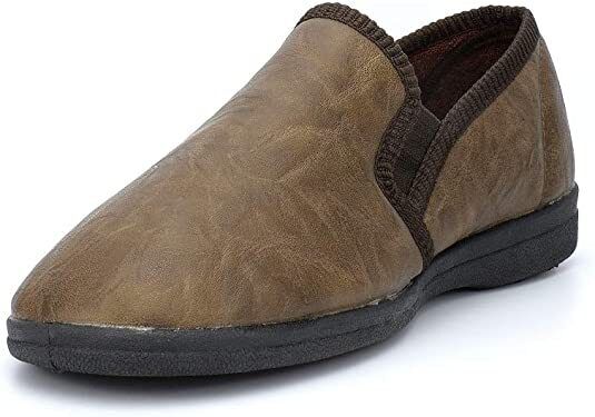 Sleepers MS538 Eric Mens Brown Faux Leather Slip On Full  Slippers With Twin Gussets