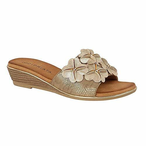 Cipriata L569BG Womens Gold Metallic Floral Embellishment Wedge Mule Sandals