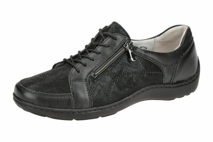 Waldlaufer Henni 496042 Black Embossed Leather WIDE FIT Flat Lace Up Shoes