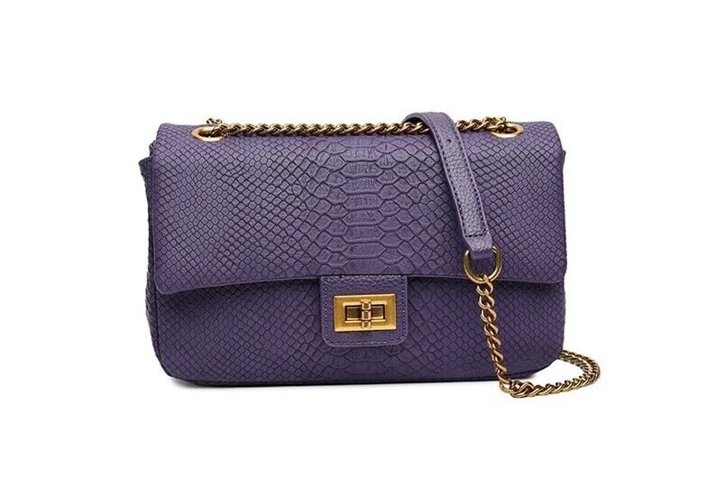 Long & Son Ladies Purple Lizard Print Handbag Crossbody Bag Strap Chain Pockets