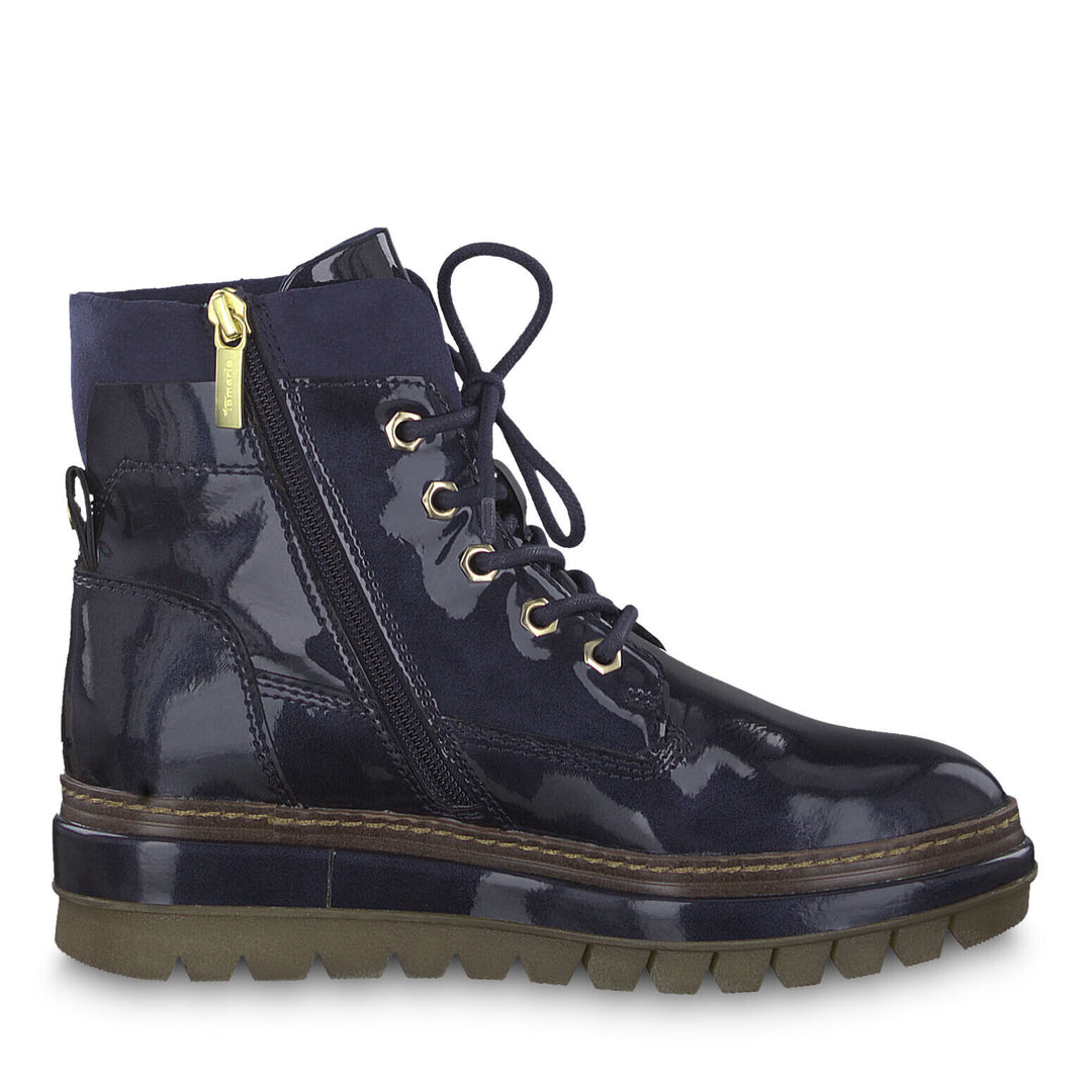 Tamaris 25223 Navy Blue Patent Chunky Sole Zip & Lace Up Ankle Chukka Boots