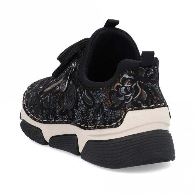 Rieker Antistress 45973 Metallic Black Floral Slip On Fashion Trainer Shoes With Lace Up Adjustment