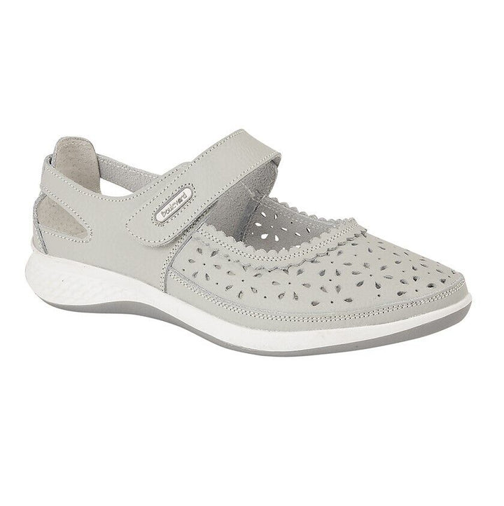 Boulevard L9552 Wide EEE Fitting Ladies Mary Jane Style Grey Leather Floral Print Adjustable Strap Shoe