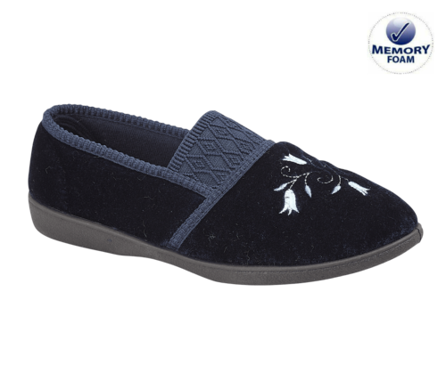 Jo & Joe Enid Womens WIDE FIT (EE) Navy Blue Velour Soft Elasticated Full Slippers With Floral Design