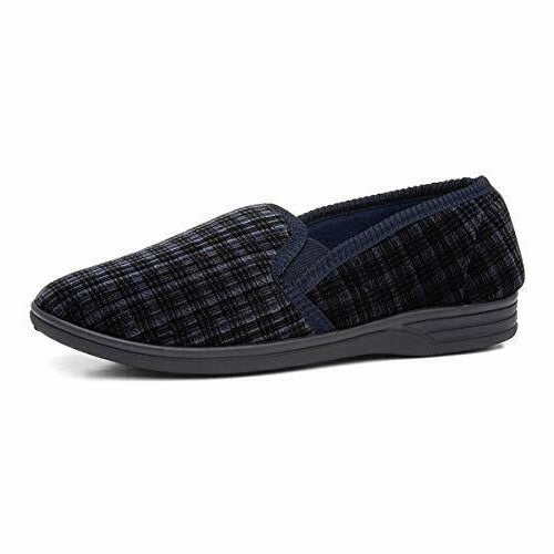 Jo & Joe Duke Mens Navy Blue Check Slippers Soft Velour Twin Gusset Full With Rubber Sole