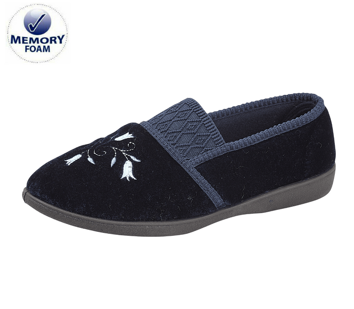 Jo & Joe Enid Womens WIDE FIT (EE) Navy Blue Velour Soft Elasticated Full Slippers With Floral Design