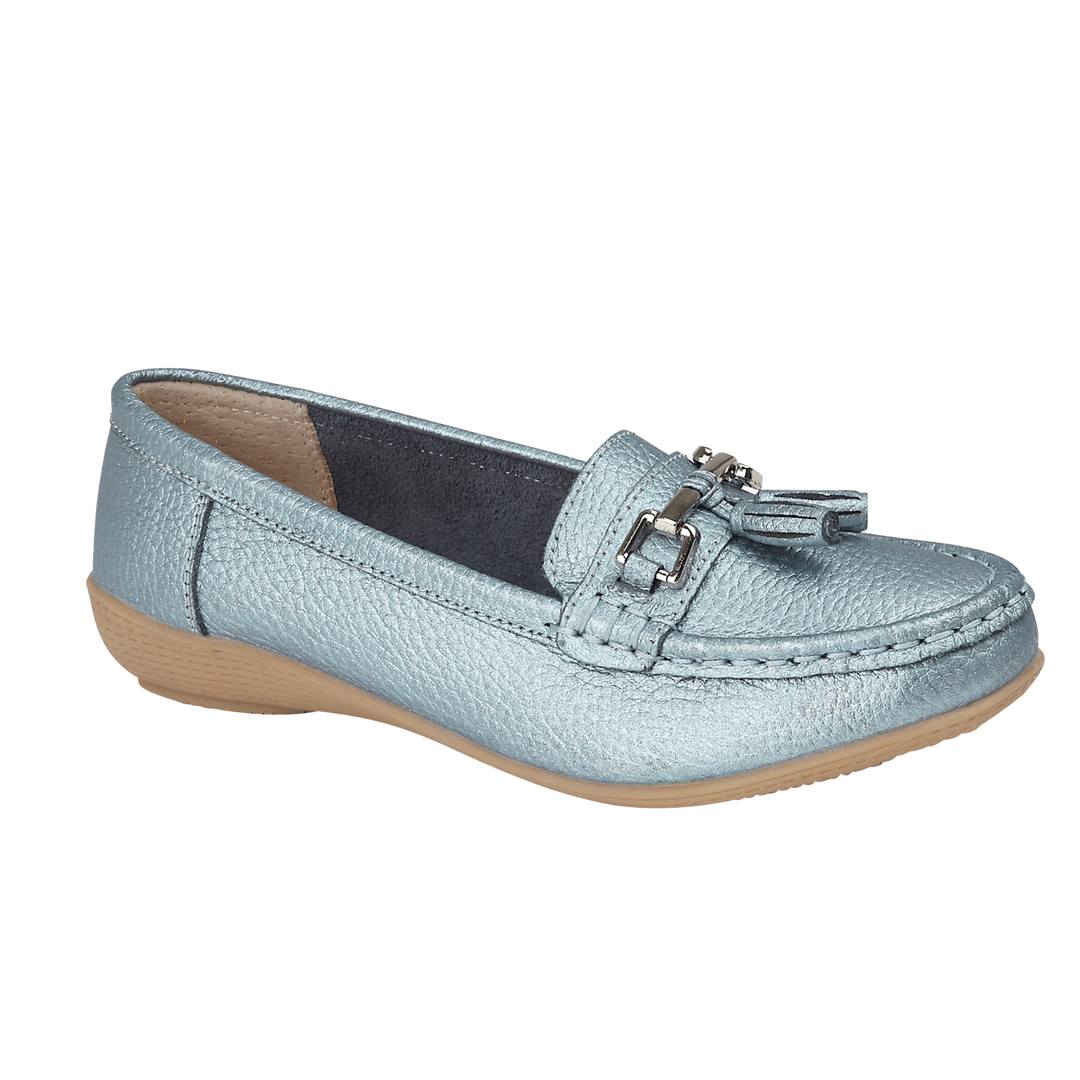 Jo & Joe Nautical Metallic Blue Leather Slip On Loafers Moccasin Flat Shoes With Tassels