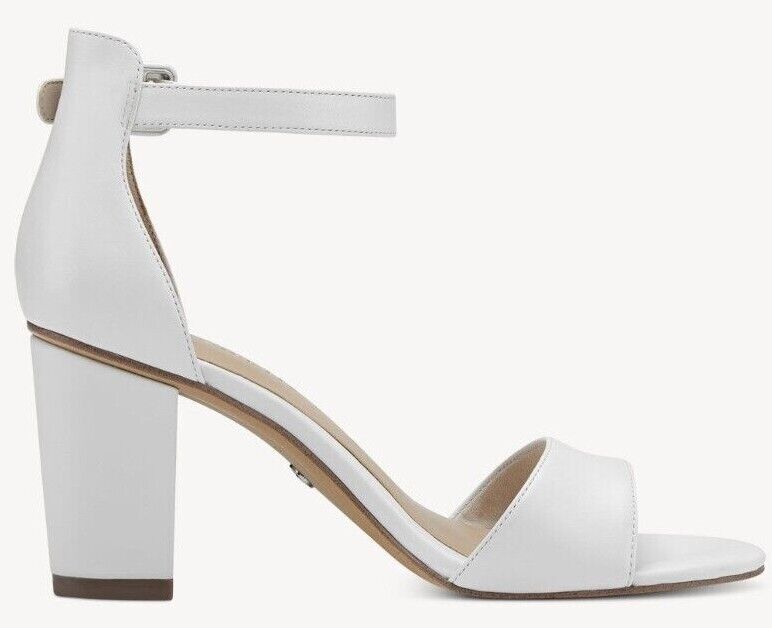 Tamaris 28326 Ladies White Leather Buckle Fasten Ankle Strap Block Heel Sandals