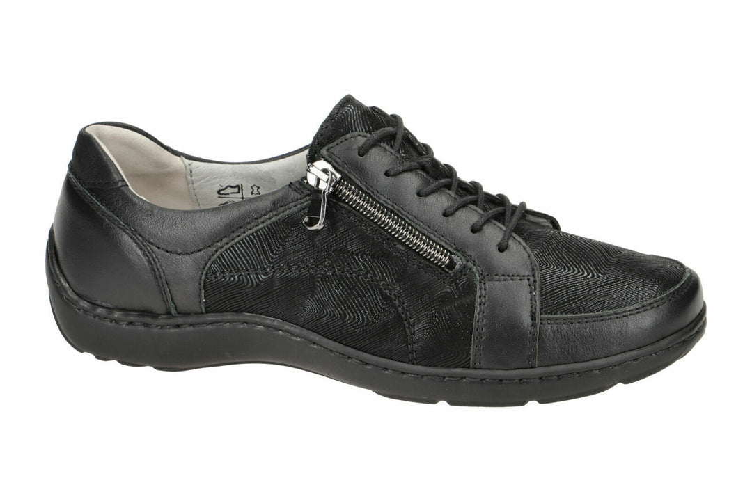 Waldlaufer Henni 496042 Black Embossed Leather WIDE FIT Flat Lace Up Shoes