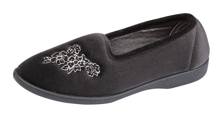 Zedzzz LS353 Heather Ladies Black Velour Floral Embroidered Soft Slippers