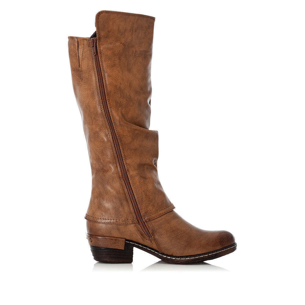 Rieker 93655 Ladies Water Resistant Tan Brown Ruched Double Zip Lambs Wool Lined Calf Boots