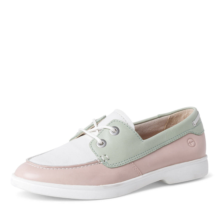 Tamaris 23606 Ladies Baby & Pink White Leather Lace Up Leather Insole Boat Shoes